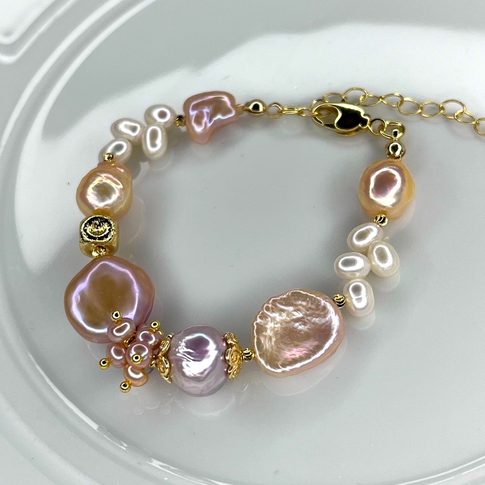 Handmade High Quality Freshwater Pearl Necklace Metallic champagne Pink Bracelet - Picture 3 of 3